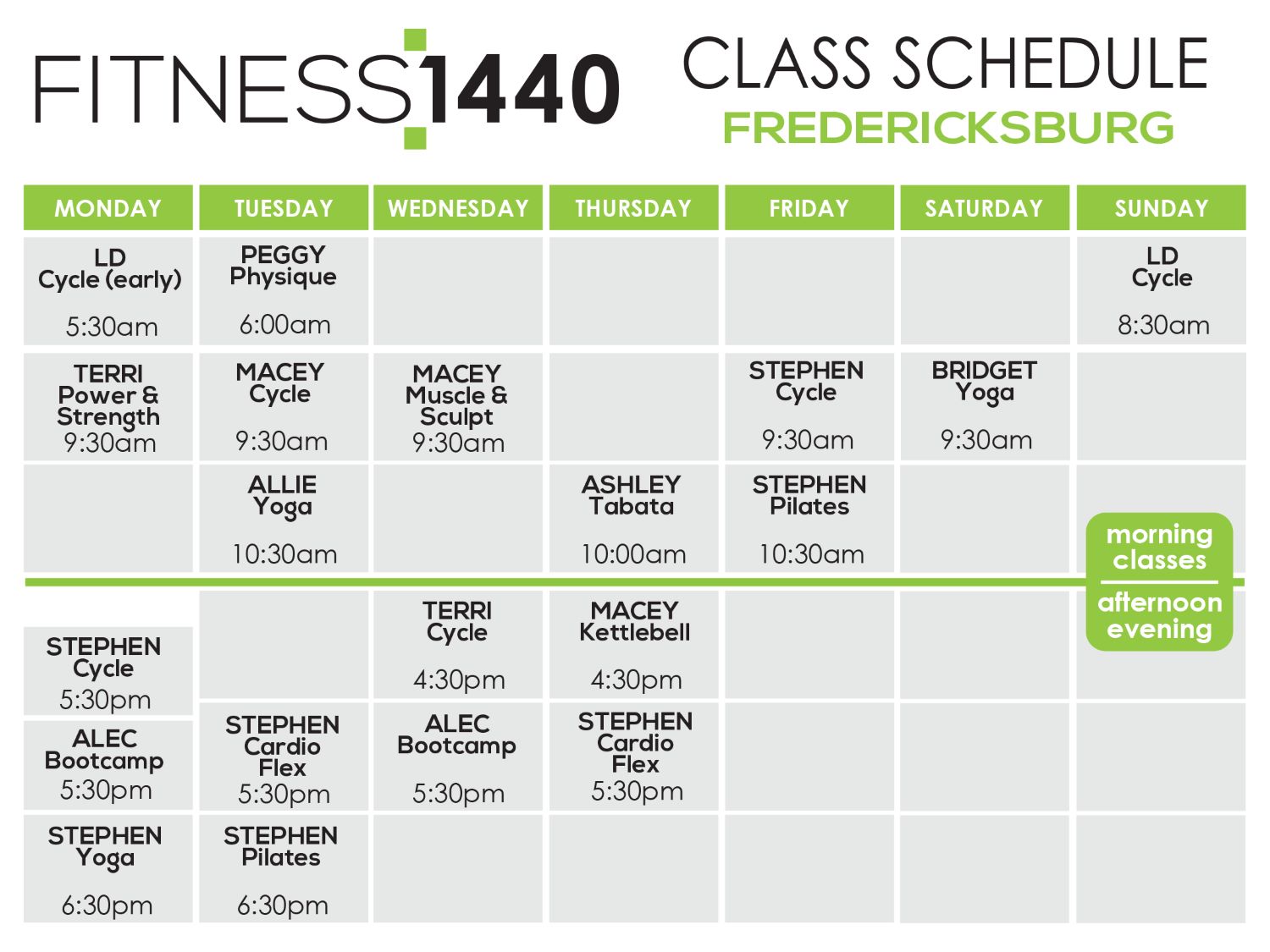 Class Schedule, Fitness:1440 Fredericksburg, VA