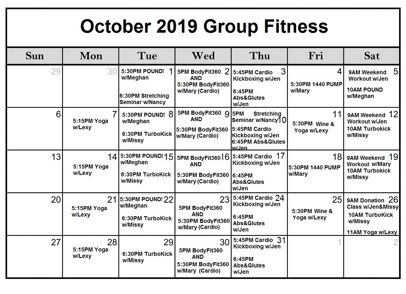 October-2019-Calendar1 - Fitness 1440